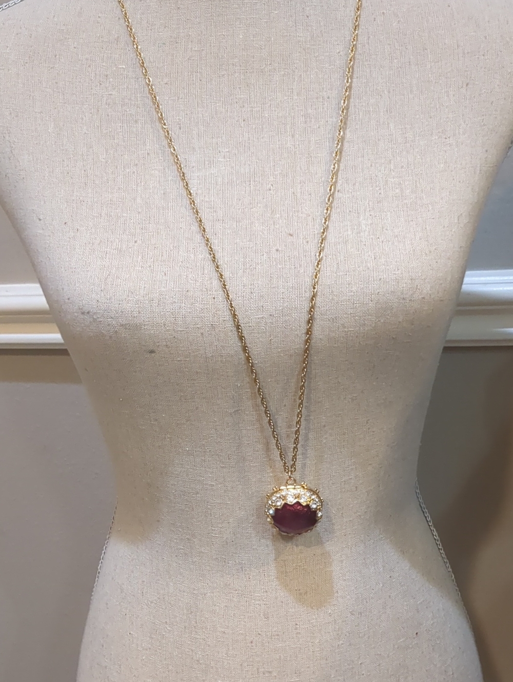 Keeper Locket Gold Plated Long Necklace with Deep Red Stone Pendant